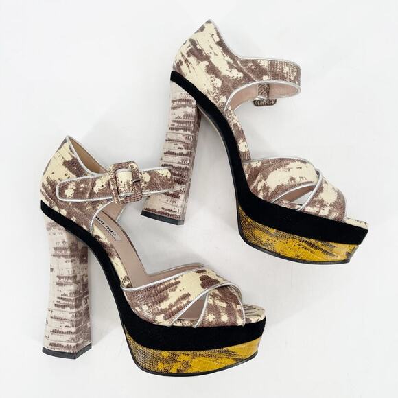 Miu Miu Beige Black Gold Teju Lizard Embossed Platform Sandals Heels IT 39.5 - Picture 4 of 14